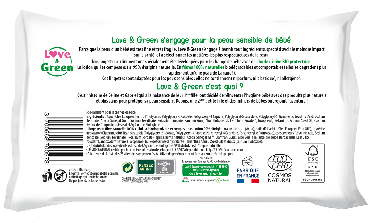 Love & Green Lingettes Hypoallergéniques sans Parfum 56 pièces
