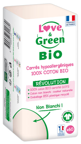 Love and Green | Carrés hypoallergéniques 100% coton BIO - non blanchis