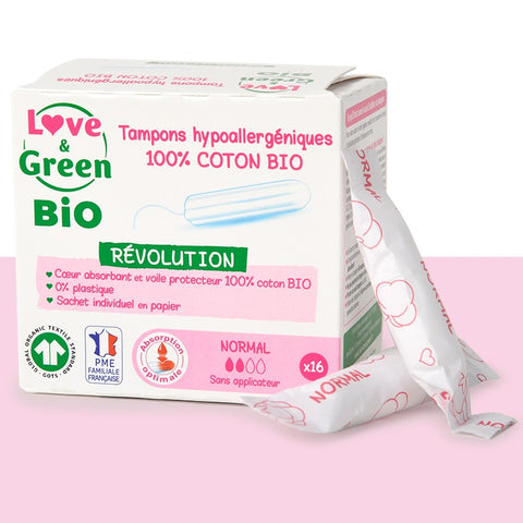 Love and Green | Tampons 100% coton BIO sans applicateur - Normal